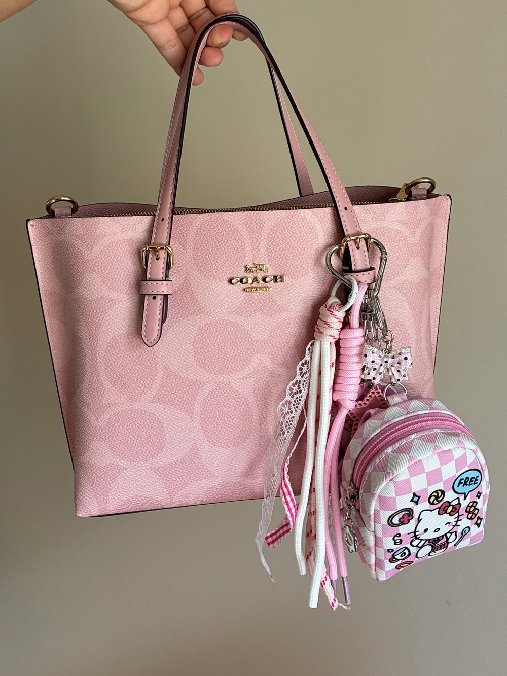 Hello Kitty Pink White Checkered Mini Backpack Keychain Bag Charm